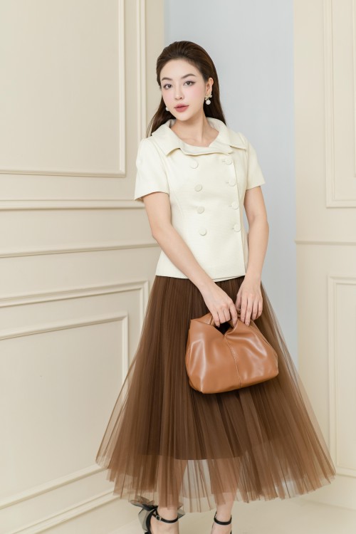 Sixdo Brown Pleated Midi Mesh Skirt